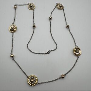 Mixed Metal Long Necklace Silver Gold Tone Spinning Rings Beads 36”